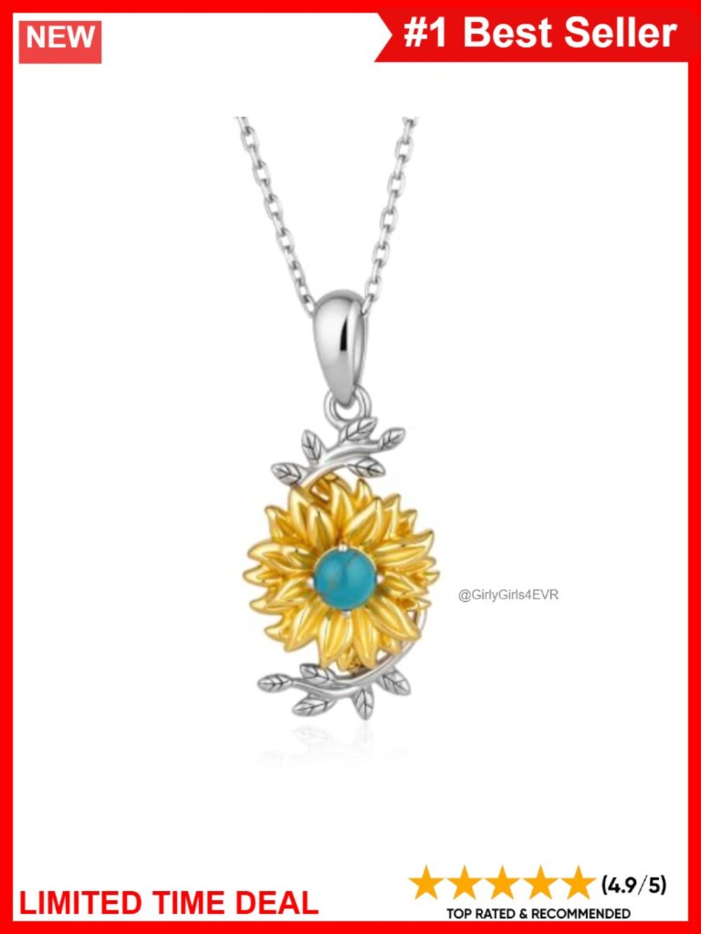 Genuine Turquoise Sunflower Pendant Necklace 925 Sterling Silver Bezel Chain
